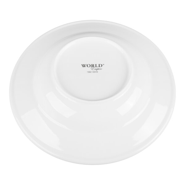 A white porcelain bowl shown upside down with the brand name and some text visible on the bottom.
