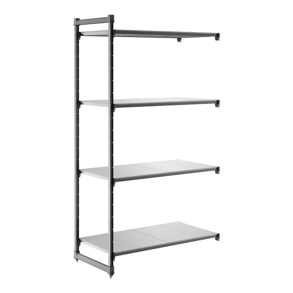 A four-shelf solid add-on shelving unit with a black frame and gray shelves.