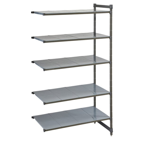 A grey metal Cambro Camshelving Basics Plus 5-shelf Add On Unit.