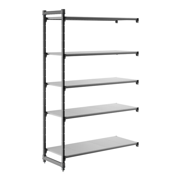 A five-shelf solid add-on shelving unit with a black frame and gray shelves.