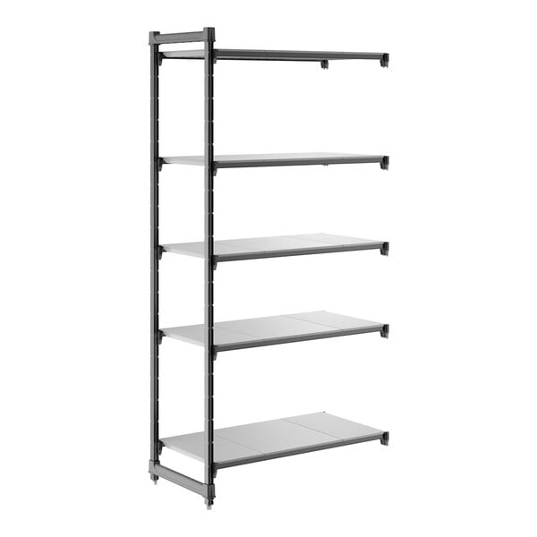 A five-shelf black and gray shelving unit with solid shelves and an open frame design.