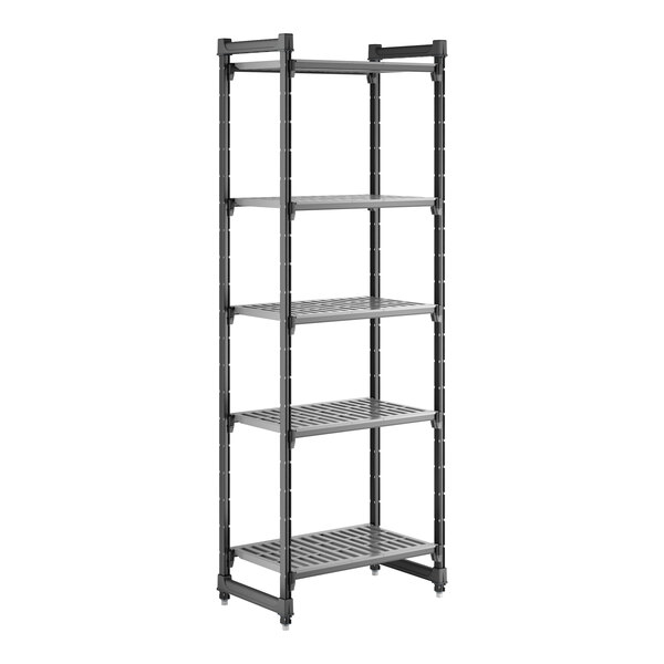 A tall, black, five-shelf vented stationary shelving unit.