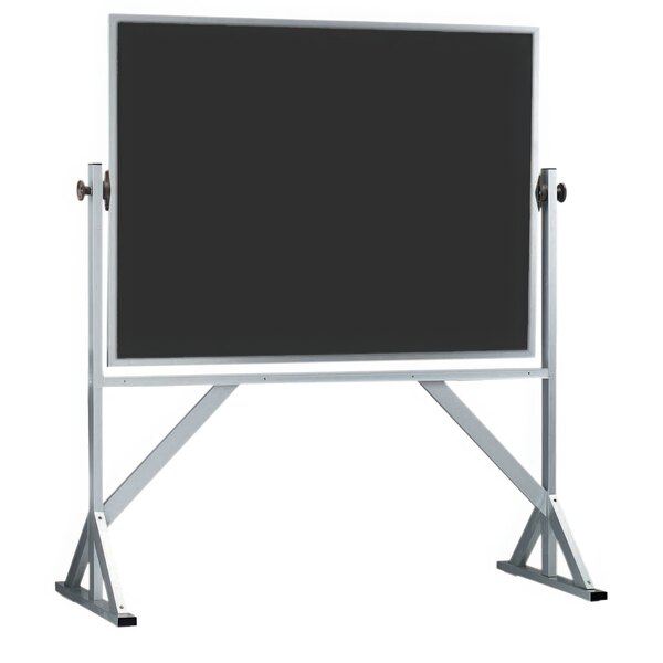 A black board on a white stand.