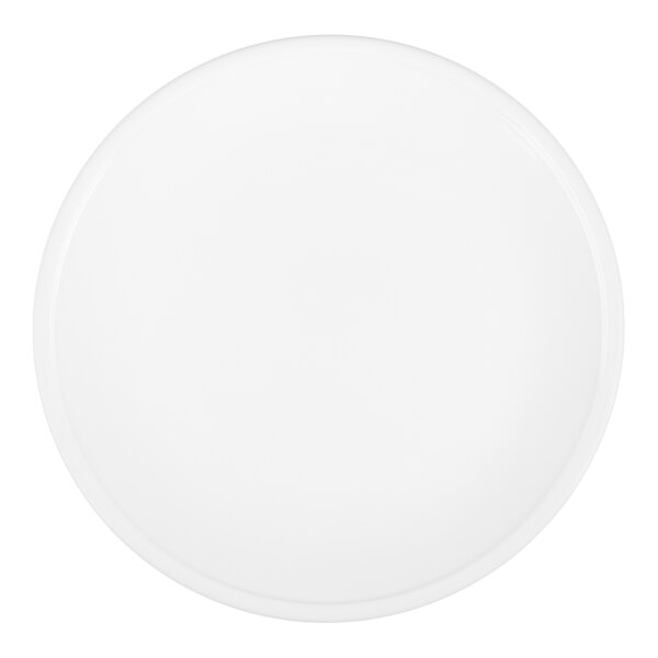 A plain, round, white plate viewed from above.