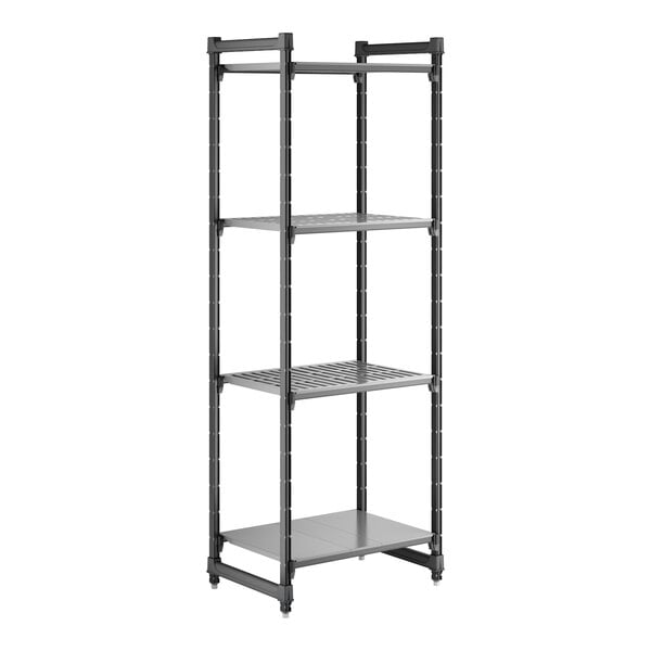 A tall, black stationary shelving unit with three vented shelves and one solid shelf.