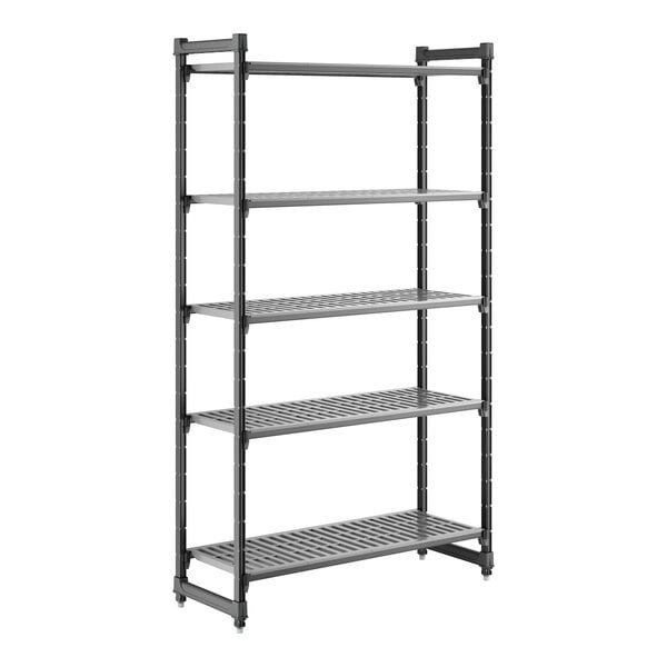 A black five-shelf vented stationary shelving unit.