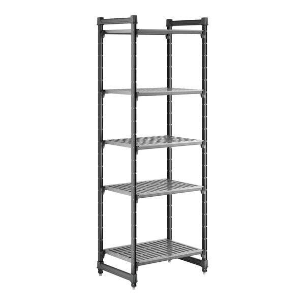 A tall, black, five-shelf vented stationary shelving unit.