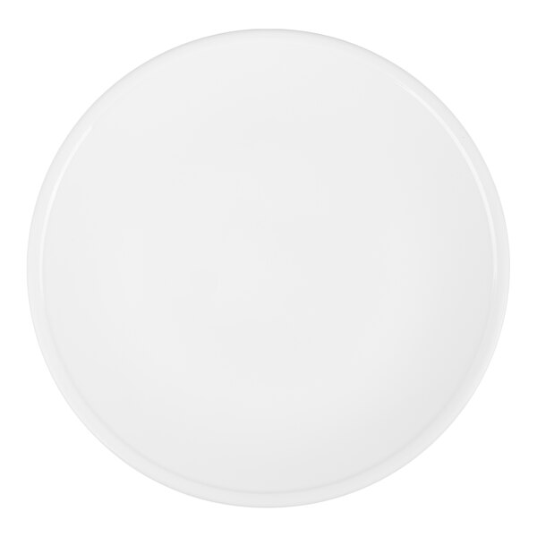 A plain, round, white plate viewed from above.