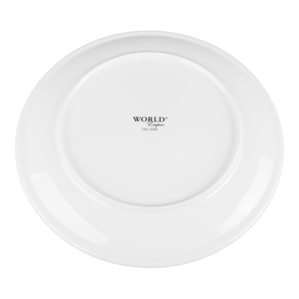 A white porcelain plate shown from the bottom with a small logo and text at the center.