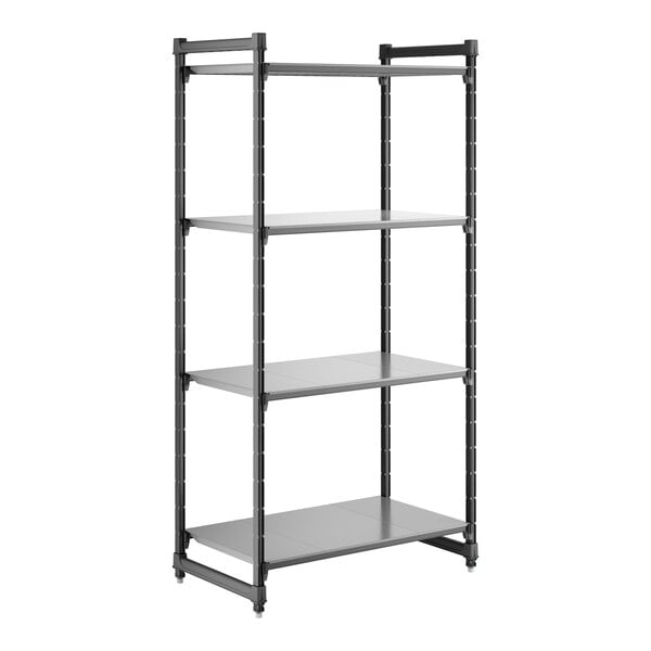 A tall, black, four-shelf stationary shelving unit with solid shelves and an open frame design.