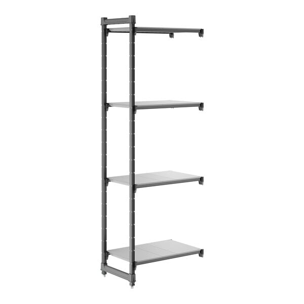 A tall, black, four-shelf add-on shelving unit with solid shelves.