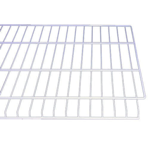 A white wire shelf with metal grid.