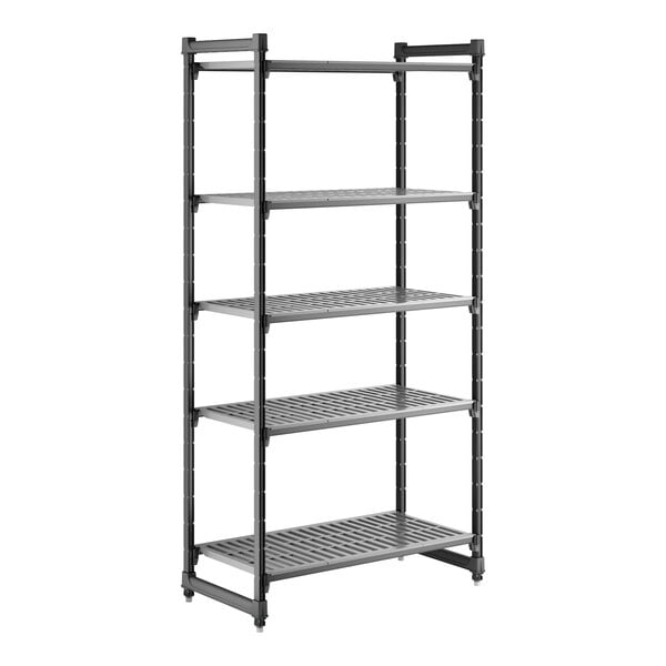 A tall, black, five-shelf vented plastic shelving unit.