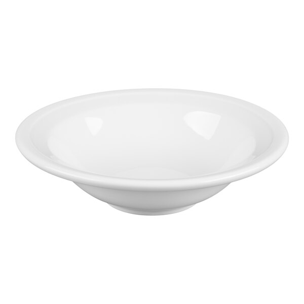 A white, round, shallow bowl with a smooth surface and slightly flared rim.