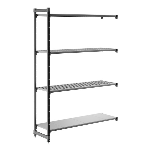 A black metal shelving unit with three vented shelves and one solid shelf.
