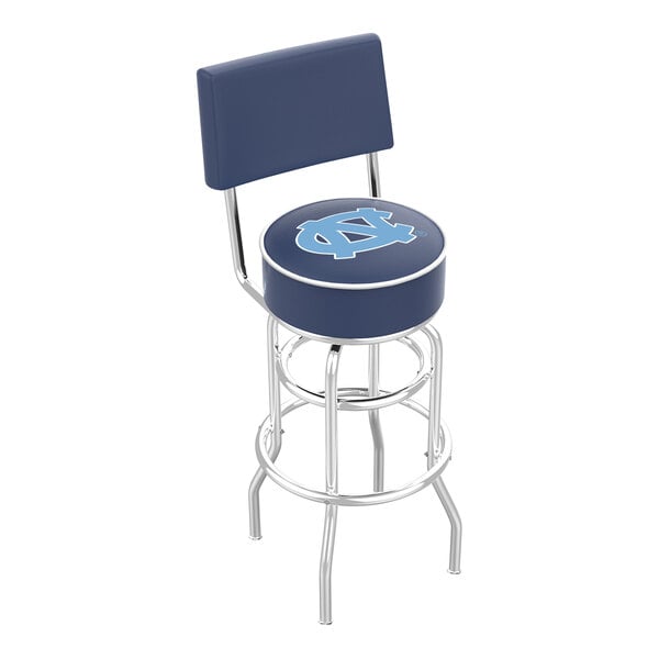 A blue and chrome swivel bar stool with a padded back and seat featuring the University of North Carolina logo.