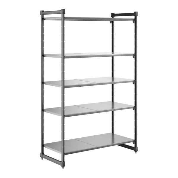 A black and gray five-shelf stationary shelving unit with solid shelves and a metal frame.