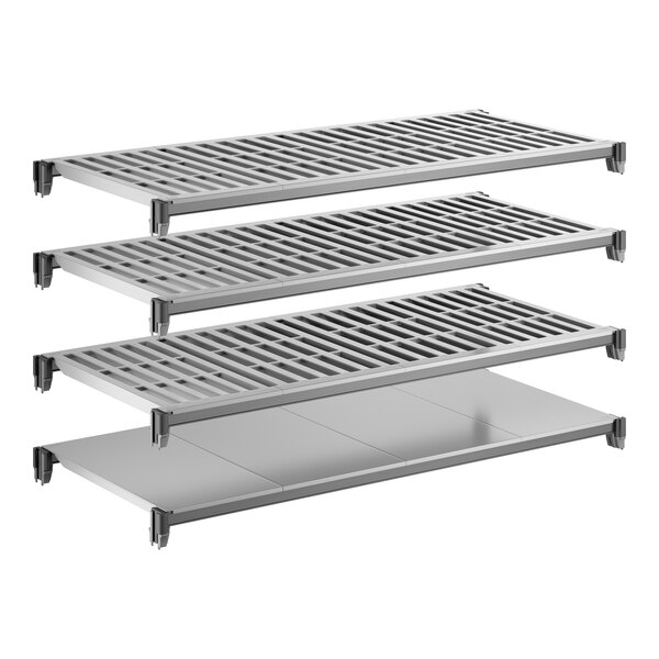A metal shelving kit with one solid shelf and three vented shelves.