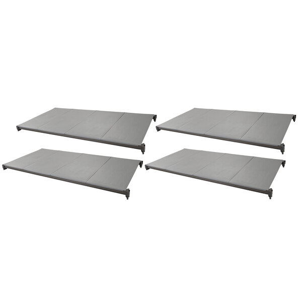 Four grey metal shelves from a Cambro Camshelving® Basics Plus kit.