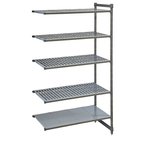 A metal Cambro Camshelving Basics Plus add-on unit with 4 vented shelves and 1 solid shelf.