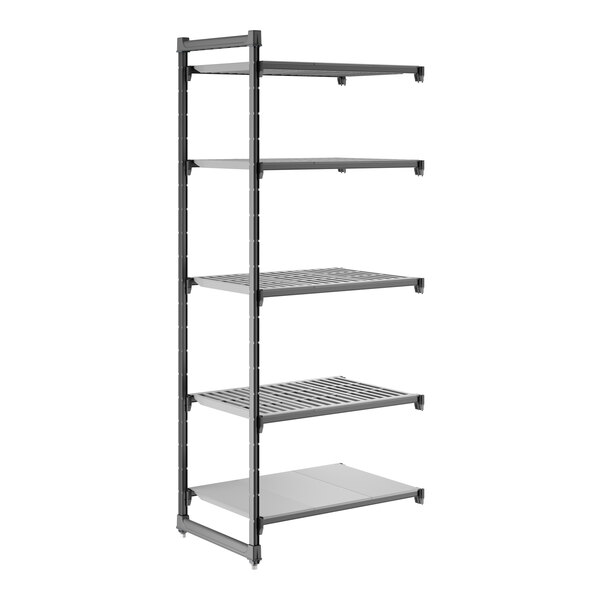 A tall, gray shelving unit with four vented shelves and one solid shelf.