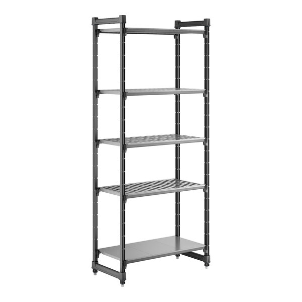 A tall, black stationary shelving unit with four vented shelves and one solid shelf.