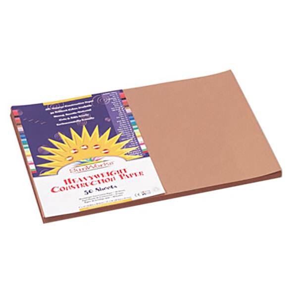 A brown cardboard package of SunWorks light brown construction paper with a label.