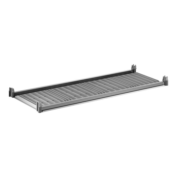 A rectangular solid shelf kit with a grey slatted surface and black frame, designed for shelving systems.