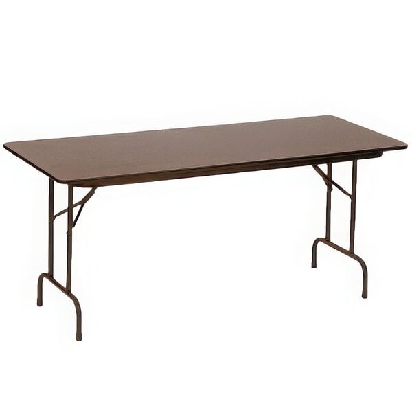 A brown rectangular Correll folding table with metal legs.