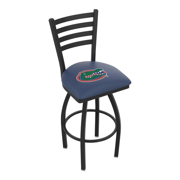 A Holland Bar Stool University of Florida swivel stool with ladder back and blue seat pad with a Florida Gators logo.
