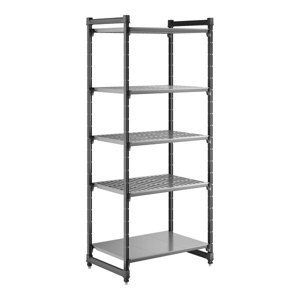 A tall, black stationary shelving unit with four vented shelves and one solid shelf.
