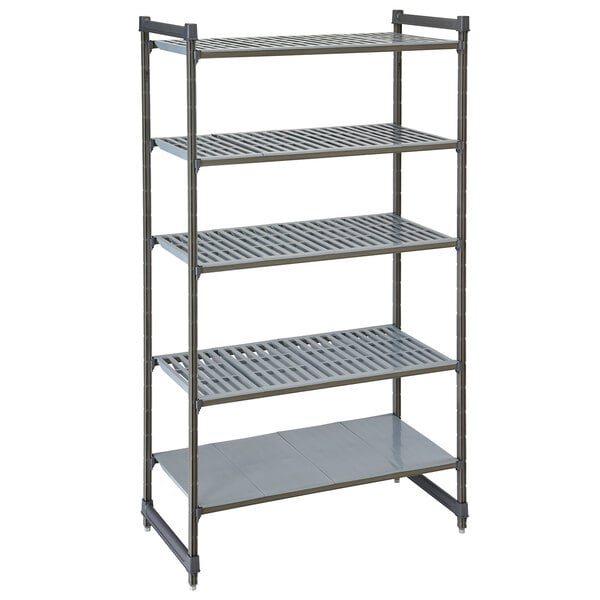 A grey metal Cambro Camshelving® Basics stationary shelving unit with 4 vented shelves and 1 solid shelf.