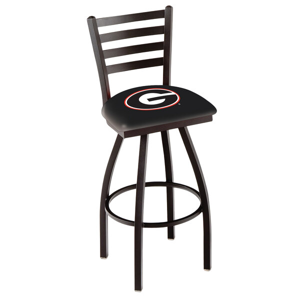 A black swivel bar stool with University of Georgia logo on the cushion.
