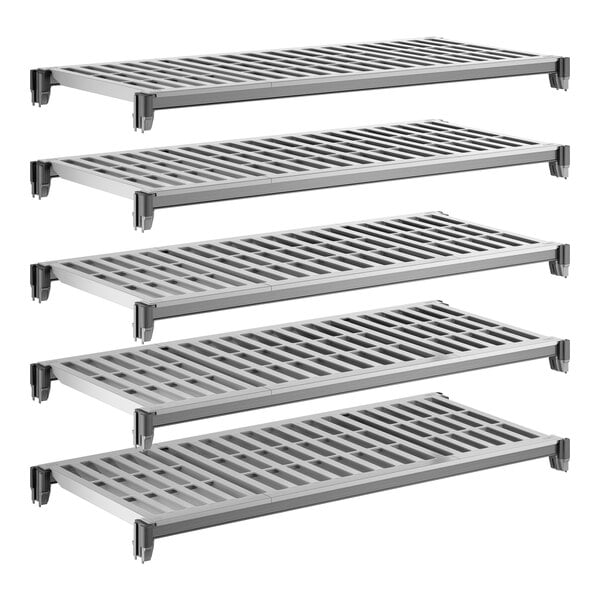 A set of five vented gray shelving units designed for modular storage.
