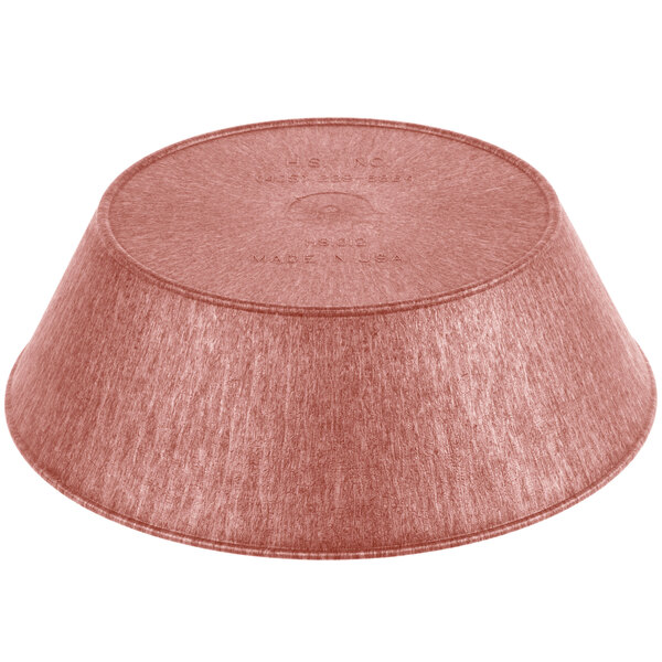 A red polyethylene round basket with text on it.