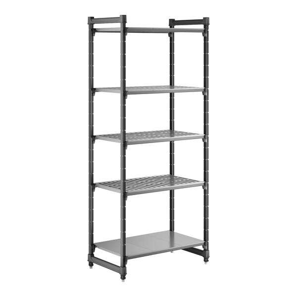 A tall, black stationary shelving unit with four vented shelves and one solid shelf.