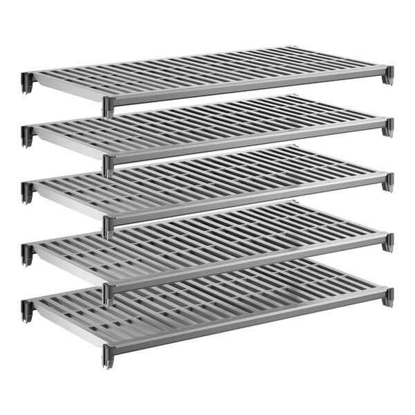 A set of five vented gray shelving units designed for modular storage.