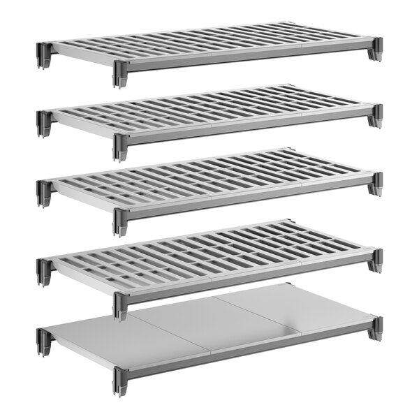 A set of five shelving units, including four vented shelves and one solid shelf, designed for modular storage.
