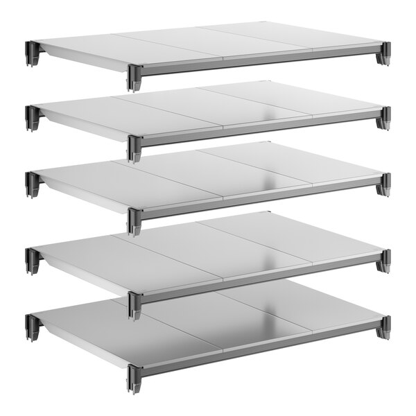 A set of five solid rectangular metal shelving units for storage or organization.