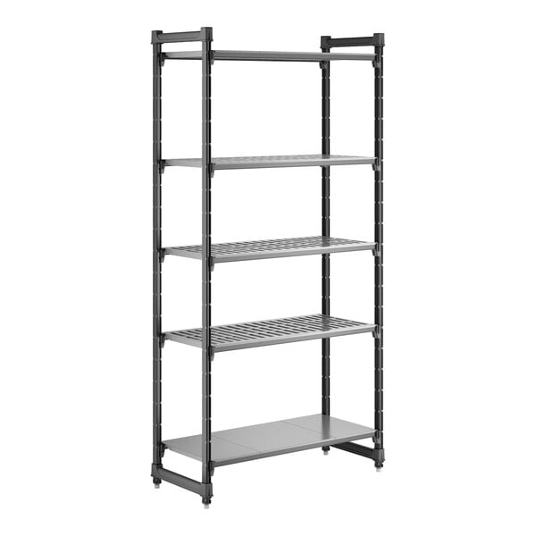 A tall, black stationary shelving unit with four vented shelves and one solid shelf.
