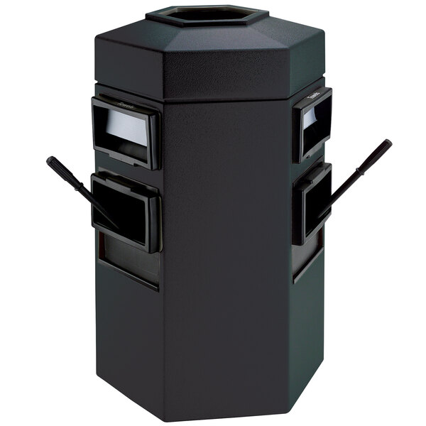 A black hexagonal open top waste container with three compartments.