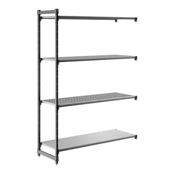 A black metal shelving unit with three vented shelves and one solid shelf.
