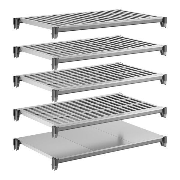 A set of five Cambro shelving units, including four vented shelves and one solid shelf, designed for modular storage.
