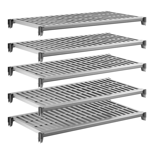 A set of five vented gray shelving units designed for modular storage.