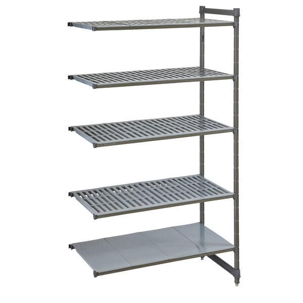 A Cambro Camshelving Basics Plus add on unit with 4 vented shelves and 1 solid shelf. A grey plastic grate with holes.