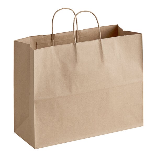 A bundle of Duro natural kraft paper shopping bags with handles.
