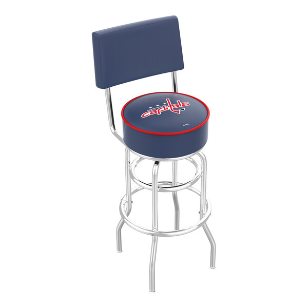 A blue bar stool with a padded back and seat, featuring the Washington Capitals logo and a chrome double ring base.