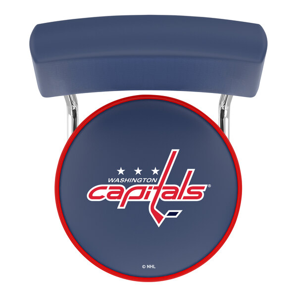 A blue swivel bar stool with a padded back and seat featuring the Washington Capitals logo.