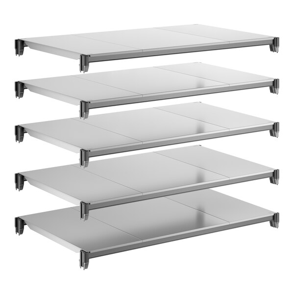 A set of five solid rectangular metal shelving units for storage or organization.