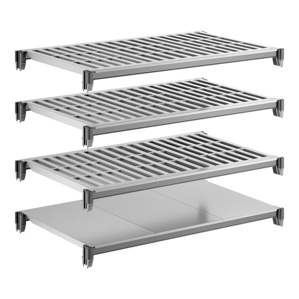 A set of four Cambro shelving units, including three vented shelves and one solid shelf, designed for modular storage.